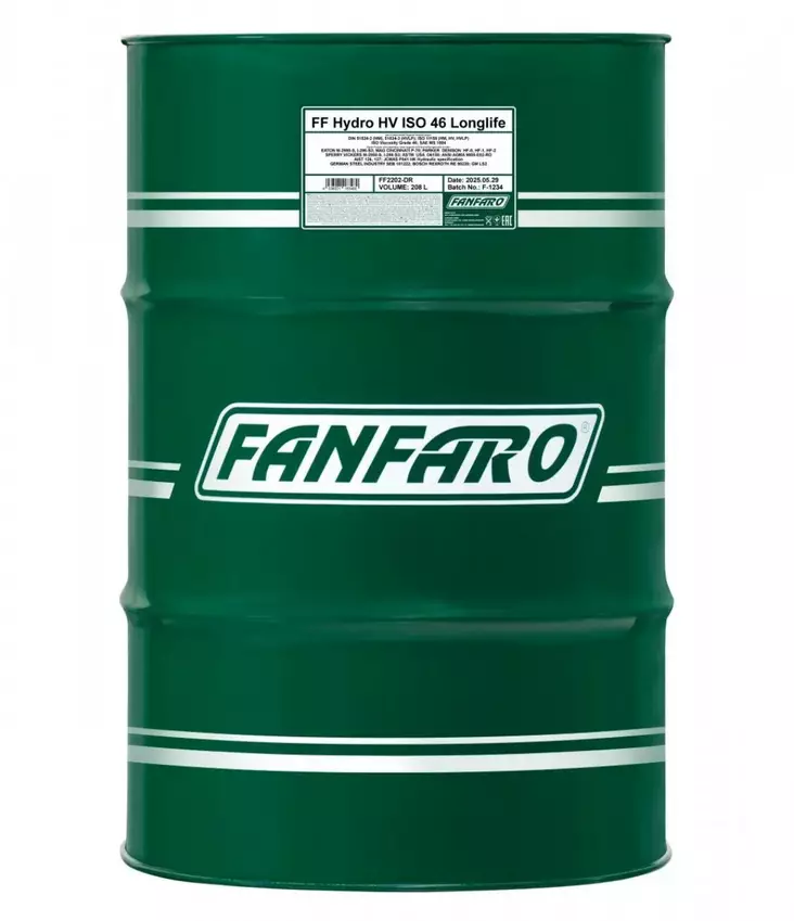 FANFARO Hydro HV ISO 46 Longlife Hydrauliöljy | 208L Tynnyri - Raskaankaluston hydrauliöljyt - FF2202-208 - 1